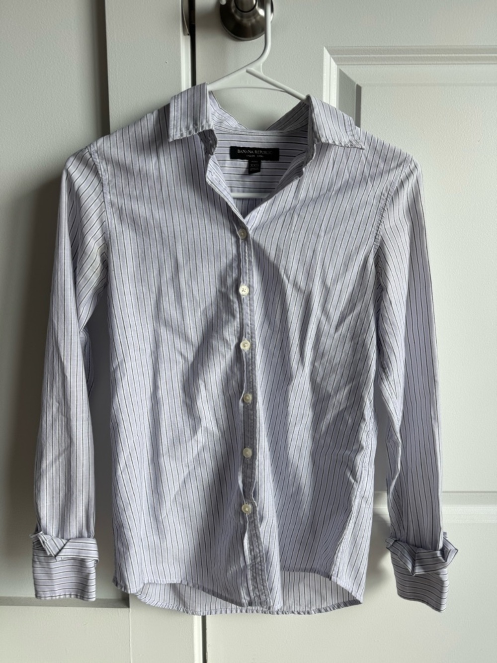 Banana Republic Men's White Shirt with Blue Pinstripes